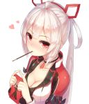  1girl ahoge blush breasts choker cleavage food heart long_hair looking_at_viewer matoi_(pso2) medium_breasts mouth_hold munuu phantasy_star phantasy_star_online_2 pocky red_eyes simple_background solo white_background white_hair 