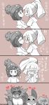 2girls 4koma beanie blush braid closed_eyes comic commentary_request cosmog covering_eyes eromame female female_protagonist_(pokemon_sm) french_braid full-face_blush hands_on_another&#039;s_shoulders hands_on_own_chest hat heart highres incineroar incipient_kiss lillie_(pokemon) monochrome multiple_girls pokemon pokemon_(game) pokemon_sm ponytail raichu shoulder_grab sparkle spot_color sweat translation_request upper_body yuri 