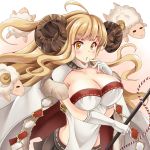  1girl :o ahoge amamiya_akira anila_(granblue_fantasy) animal bangs black_skirt blonde_hair breasts cape cleavage collarbone doraf elbow_gloves eyebrows eyebrows_visible_through_hair eyelashes gloves gradient gradient_background granblue_fantasy horns large_breasts long_hair miniskirt naginata orange_eyes pleated_skirt polearm ribbon-trimmed_clothes ribbon_trim rope sheep sheep_horns shide shimenawa skirt solo thick_eyebrows wavy_hair weapon white_gloves 