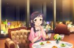  1girl artist_request asymmetrical_hair black_hair croissant cup drinking_glass flower food green_eyes hair_ornament idolmaster idolmaster_cinderella_girls idolmaster_cinderella_girls_starlight_stage indoors jewelry long_hair necklace night official_art plate ring solo wine_glass yao_feifei 