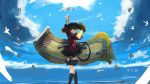  1girl brown_eyes brown_hair clouds female fire grin japanese_clothes kantai_collection kariginu lansane long_sleeves machinery outdoors ryuujou_(kantai_collection) scroll shikigami skirt sky smile solo twintails visor_cap 
