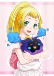  1girl :d backpack bag blonde_hair blush braid collared_shirt cosmog french_braid green_eyes high_ponytail lillie_(pokemon) long_hair looking_away looking_to_the_side open_mouth pleated_skirt pokemon pokemon_(creature) pokemon_(game) pokemon_sm shirt short_sleeves skirt smile solo soyo2106 upper_body white_shirt white_skirt 