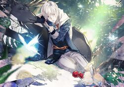  1boy animal blonde_hair blue_eyes butterfly cloak collared_shirt deer food fruit fur leaning long_sleeves lying male_focus nature pale_skin rabbit shirt short_hair suz touken_ranbu yamanbagiri_kunihiro 