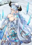  1girl ato_(haru_ato) bare_shoulders blue_rose breasts brown_eyes choker cleavage doraf elbow_gloves flower gloves granblue_fantasy hair_ornament hat highres horns izmir large_breasts long_hair pointy_ears rose silver_hair solo very_long_hair white_gloves 