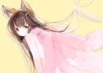 1girl animal_ears aster_(granblue_fantasy) bangs brown_eyes brown_hair erun_(granblue_fantasy) feather_boa from_behind granblue_fantasy hair_ornament koza_game long_hair looking_back nude simple_background solo yellow_background 