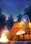  1girl blue_eyes blue_hair boots campfire chair coat domo1220 hatsune_miku knee_boots long_hair outdoors sitting sky solo star_(sky) starry_sky tent tree vocaloid 