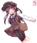  1girl adjusting_clothes adjusting_hat akatsuki_(kantai_collection) alternate_costume bag black_hair blouse blush dress hat hat_ribbon highres kanon_(kurogane_knights) kantai_collection leggings long_hair ribbon sleeveless sleeveless_dress solo turtleneck violet_eyes 