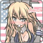  1girl american_flag bare_shoulders beckoning blonde_hair blue_eyes blush border breasts cleavage detached_collar heart highres iowa_(kantai_collection) kantai_collection long_hair medal mouth_hold solo touage_ebisu upper_body 