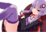  1girl blurry depth_of_field dress facing_viewer flat_chest hair_ornament hairpin hood hooded_jacket jacket looking_at_viewer low_twintails lying no_panties on_back open_clothes open_jacket purple_dress purple_hair purple_legwear ribbed_sweater shirosaki_rio short_hair_with_long_locks solo striped striped_legwear sweater thigh-highs twintails violet_eyes vocaloid voiceroid yuzuki_yukari 