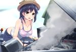  1girl ahoge alternate_costume bare_shoulders bending_forward bent_over black_hair breasts brown_eyes car cleavage gedou_(shigure_seishin) ground_vehicle hanging_breasts hat highres kantai_collection large_breasts leaning_forward long_hair looking_at_viewer motor_vehicle open_mouth smoke solo standing straw_hat tank_top tearing_up toyota_86 ushio_(kantai_collection) wristband 