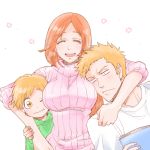  1girl 2boys 3mm bleach blush book breasts closed_eyes couple family father_and_son hair_ornament hairclip hood hoodie husband_and_wife inoue_orihime kurosaki_ichigo kurosaki_kazui large_breasts lowres mother_and_son multiple_boys one_eye_closed orange_eyes orange_hair ribbed_sweater short_hair simple_background smile spoilers sweater upper_body white_background 