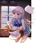  1girl absurdres blue_eyes blue_ribbon coffee_cup falling gochuumon_wa_usagi_desu_ka? hair_ornament highres indoors kafuu_chino long_hair neck_ribbon one_leg_raised open_mouth pleated_skirt ribbon shan-n silver_hair skirt solo sugar tippy_(gochuumon_wa_usagi_desuka?) window 