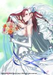  1girl bare_shoulders bouquet breasts bridal_veil cowboy_shot dress elbow_gloves flower gloves honjou_raita jewelry large_breasts looking_at_viewer multicolored_hair necklace official_art pearl_necklace red_eyes redhead riela_marcellis senjou_no_valkyria senjou_no_valkyria_3 sideboob silver_hair smile solo tiara veil watermark wedding_dress 