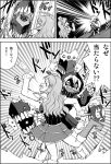 2girls :d ^_^ blush bottle capelet closed_eyes comic commentary_request curly_hair drinking drunk firing headgear holding hood hooded_jacket jacket kantai_collection long_hair machinery monochrome multiple_girls open_mouth pola_(kantai_collection) re-class_battleship shinkaisei-kan short_hair smile tail translated turret wasu wine_bottle 