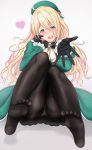  1girl alternate_color alternate_costume aqua_eyes atago_(kantai_collection) blonde_hair blush breasts feet gloves green_eyes heart huge_breasts kantai_collection long_hair looking_at_viewer no_shoes open_mouth pantyhose sitting smile soles solo thigh-highs toes untsue 