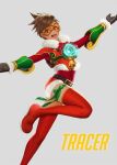  1girl alternate_costume bell belt black_gloves boots bow brown_hair buckle character_name christmas commentary_request gloves goggles green_bow green_ribbon grey_background highres looking_at_viewer open_mouth outstretched_arms overwatch red_boots red_bow ribbon santa_costume shiny shiny_hair short_hair simple_background solo spiky_hair spread_arms standing standing_on_one_leg teeth thigh-highs thigh_boots tracer_(overwatch) yamaneko_(tkdrumsco) 
