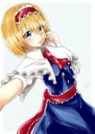  1girl :d alice_margatroid ascot blonde_hair blue_eyes blush capelet commentary dress hair_twirling hairband highres lolita_fashion lolita_hairband looking_at_viewer open_mouth sash self_shot short_hair signature smile solo touhou yuki_(snowmaiden) 