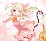  artist_request blonde_hair bow brooch choker earrings fate/kaleid_liner_prisma_illya fate_(series) gloves illyasviel_von_einzbern jewelry long_hair magical_girl one_eye_closed open_mouth pink_bow red_eyes skirt tiara white_gloves 