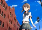  1girl ame. arm_behind_back bangs black_skirt blue_sky blush brown_eyes brown_hair building clouds commentary day eyebrows eyebrows_visible_through_hair from_below fubuki_(kantai_collection) hair_between_eyes kantai_collection lamppost looking_at_viewer navel neckerchief open_mouth outdoors pleated_skirt remodel_(kantai_collection) school school_uniform serafuku skirt sky smile solo teeth window 