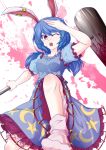  1girl animal_ears benizuwai bloomers blue_dress blue_hair commentary_request dress highres kine long_hair mallet one_eye_closed open_mouth rabbit_ears red_eyes seiran_(touhou) short_sleeves socks solo splatter touhou underwear 
