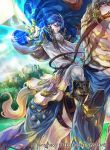  1boy artist_request blue_hair boots cape castle company_connection copyright_name fire_emblem fire_emblem:_seisen_no_keifu fire_emblem_cipher glowing glowing_weapon holding holding_weapon horse looking_at_viewer male_focus outdoors riding short_hair sigurd_(fire_emblem) sword weapon 