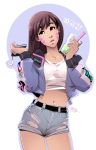  1girl artist_name belt breasts brown_eyes brown_hair casual cellphone cellphone_charm collarbone cowboy_shot crop_top cup d.va_(overwatch) denim drinking_straw facepaint facial_mark facing_viewer holding jacket korean long_hair looking_to_the_side medium_breasts midriff mike_nesbitt navel no_headwear open_mouth overwatch phone shirt short_shorts shorts side_glance signature simple_background smartphone solo translation_request whisker_markings white_background white_shirt 