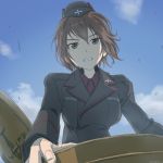  1girl bangs black_jacket brown_eyes brown_hair chimaki_(u9works) clenched_teeth from_below garrison_cap girls_und_panzer hat jacket military military_uniform nishizumi_maho red_shirt shirt short_hair sky solo teeth uniform upper_body 