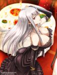  1girl alternate_costume ass bare_shoulders black_dress bracelet breasts champagne_flute cleavage cup dress drinking_glass earrings elbow_gloves food gloves hand_in_hair jewelry large_breasts lipstick long_hair looking_at_viewer makeup necklace open-back_dress pearl_necklace pizza red_eyes selvaria_bles senjou_no_valkyria senjou_no_valkyria_1 silver_hair solo sparkle table tablecloth tea_(nakenashi) watermark 