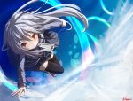  1girl black_legwear chamu_(chammkue) jacket long_hair long_sleeves red_eyes silver_hair skirt solo suguri suguri_(character) thigh-highs zettai_ryouiki zipper 