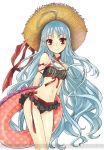  1girl ahoge aliasse aliasse_(senjou_no_valkyria) arms_behind_back bikini cowboy_shot frilled_bikini frills hat hat_ribbon itou_noiji lifebuoy long_hair looking_at_viewer midriff navel official_art red_eyes ribbon senjou_no_valkyria senjou_no_valkyria_2 silver_hair smile solo straw_hat swimsuit very_long_hair white_background 