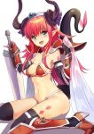 1girl armor armored_boots bangs bikini bikini_armor black_legwear blue_eyes boots breasts cape elizabeth_bathory_(brave)_(fate) fang fate/grand_order fate_(series) gauntlets horns lancer_(fate/extra_ccc) looking_away navel oversized_clothes pauldrons pink_hair pointy_ears red_bikini shovelwall simple_background sitting small_breasts smile solo swimsuit sword tail tail_raised thigh-highs tiara wariza weapon white_background