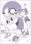  &gt;:) 1boy adjusting_clothes adjusting_hat baseball_cap closed_eyes fingerless_gloves gloves hand_in_pocket hat highres male_focus monochrome open_clothes open_vest orihara_sachiko pikachu poke_ball pokemon pokemon_(anime) pokemon_(creature) satoshi_(pokemon) shirt shoes sitting sneakers t-shirt vest 