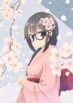  1girl black_hair blue_eyes cherry_blossoms glasses highres japanese_clothes kimono long_hair looking_at_viewer nekobaka original solo 