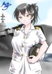  1girl black_hair breasts female_admiral_(kantai_collection) hat hat_removed headwear_removed holding holding_hat huge_breasts kaga_(jmsdf) kaga_(kantai_collection) kantai_collection kasugano_tobari looking_at_viewer military military_hat military_uniform naval_uniform ship side_ponytail smile solo standing uniform watercraft yellow_eyes 