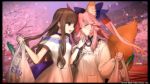  2girls animal_ears bag blush breasts brown_hair cherry_blossoms choker cleavage company_name dress eyebrows eyebrows_visible_through_hair fate/extella fate/extra fate_(series) fox_ears fox_tail groceries kappougi kishinami_hakuno_(female) long_hair multiple_girls official_art pink_hair plastic_bag tail tamamo_(fate)_(all) tamamo_no_mae_(fate) twintails wada_aruko white_dress wife_and_wife yuri 