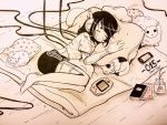  1girl animal barefoot black_hair black_shorts blanket book cable cat closed_eyes commentary crisalys cyborg female flower_pot full_body handheld_game_console headphones indoors lying monochrome open_mouth original pillow plant sheep shirt short_hair short_sleeves shorts sleeping solo 