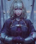  1girl arm_guards armor black_gloves blonde_hair blood bloody_clothes blurry_background chains closed_mouth collar cross fate/apocrypha fate/grand_order fate_(series) gloves guweiz headpiece jewelry looking_at_viewer own_hands_together pink_lips portrait rain realistic ring ruler_(fate/apocrypha) serious short_hair solo torn_clothes upper_body violet_eyes water yellow_eyes 