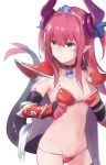  1girl armor bangs bikini bikini_armor black_legwear blue_eyes blush breasts cape cowboy_shot dragon_tail elizabeth_bathory_(brave)_(fate) fate/grand_order fate_(series) gauntlets horns lancer_(fate/extra_ccc) looking_away navel oversized_clothes pauldrons pink_hair pointy_ears red_bikini roll_okashi simple_background small_breasts solo sweatdrop swimsuit tail thigh-highs tiara wavy_mouth white_background 