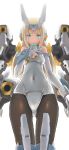  1girl animal_ears arm_at_side backlighting bangs bare_shoulders baselard black_legwear blonde_hair breasts closed_mouth covered_navel elbow_gloves eyebrows eyebrows_visible_through_hair frame_arms_girl frown gloves hand_on_own_chest headgear highres long_hair looking_at_viewer mecha_musume navel_cutout pantyhose rabbit_ears simple_background sleeveless small_breasts solo white_background white_gloves white_leotard yilan_(z2256721) 