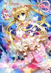  1girl absurdres bird blonde_hair blue_eyes bow cape cardfight!!_vanguard detached_sleeves dress eyebrows eyebrows_visible_through_hair fujima_takuya hair_bow highres jewelry long_hair looking_at_viewer magical_girl penguin pink_flower red_bow ring smile solo twintails very_long_hair 