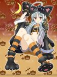  1girl ahoge aliasse animal_costume animal_hood bat cat_hood coat crescent_moon gloves halloween hood jack-o&#039;-lantern kimura_shigetaka knees_together_feet_apart long_hair looking_at_viewer midriff moon navel official_art paw_gloves paw_shoes red_eyes senjou_no_valkyria senjou_no_valkyria_2 shoes shorts silver_hair sitting solo striped striped_legwear tongue tongue_out 