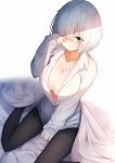  1girl absurdres bed_sheet black_legwear blanket blue_eyes blush breasts cleavage collarbone hair_over_one_eye hamakaze_(kantai_collection) highres kantai_collection large_breasts long_sleeves one_eye_closed rerrere shirt short_hair silver_hair sitting sleeves_past_wrists smile solo unbuttoned wariza white_shirt 