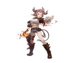  1girl :d black_gloves blue_eyes boots brown_boots doraf fire full_body gloves granblue_fantasy horns jewelry karuba_(granblue_fantasy) minaba_hideo necklace official_art open_mouth pink_hair pink_legwear pointy_ears short_hair short_shorts shorts simple_background single_elbow_glove single_thighhigh smile solo thigh-highs transparent_background 