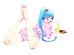  1girl aqua_nails bangs barefoot blue_eyes blue_hair bottle chips domo1220 drinking_straw feet feet_together feet_up food from_behind full_body hair_between_eyes hair_bobbles hair_ornament hatsune_miku hood hood_down hooded_pajamas juice long_hair long_sleeves looking_at_viewer looking_back lying nail_polish nape on_stomach pajamas polka_dot potato_chips profile shorts side_glance simple_background snack solo toenail_polish twintails vocaloid white_background 