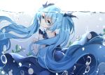  1girl absurdly_long_hair absurdres black_dress black_ribbon blue_eyes blue_hair bubble butterfly chuor_(chuochuoi) dress hair_ribbon hatsune_miku head_tilt highres long_hair ribbon shinkai_shoujo_(vocaloid) solo twintails underwater very_long_hair vocaloid 