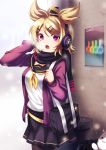  1girl :3 :o absurdres adapted_costume bag black_legwear black_scarf black_skirt blonde_hair breath cat cosplay cowboy_shot earmuffs hair_ornament hairclip hand_on_earmuffs hand_on_headphones headphones highres kagamine_rin kagamine_rin_(cosplay) koissa long_sleeves looking_at_viewer neckerchief outdoors pantyhose pink_eyes pleated_skirt pointy_hair sailor_collar scarf school_bag school_uniform serafuku shirt shoulder_bag skirt solo touhou toyosatomimi_no_miko vocaloid white_shirt 