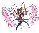  1girl ange_d&#039;erlanger blue_eyes boots brown_hair detached_sleeves dual_wielding granblue_fantasy hat holding holding_weapon juliet_sleeves long_hair long_sleeves looking_at_viewer minaba_hideo one_eye_closed petals puffy_sleeves simple_background smile solo sword thigh-highs thigh_boots weapon 