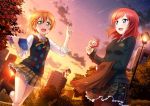  2girls :d black_sweater blush book boots bow bowtie camera green_eyes hair_between_eyes hair_ornament hairclip hairpin highres holding holding_book holding_camera hoshizora_rin index_finger_raised lamppost long_sleeves looking_at_viewer love_live! love_live!_school_idol_festival love_live!_school_idol_project miniskirt multiple_girls neck_ribbon necktie nishikino_maki official_art open_book open_mouth orange_hair outdoors pantyhose plaid plaid_skirt pleated_skirt red_necktie redhead ribbon school_uniform shooting_star short_hair skirt sleeves_rolled_up smile sunset sweater sweater_vest vest violet_eyes yellow_ribbon 