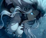  1girl abyssal_jellyfish_hime blue_eyes breasts cleavage commentary_request glowing glowing_eyes kantai_collection large_breasts long_hair looking_at_viewer one_eye_covered open_mouth shinkaisei-kan solo underwater upper_body walzrj 