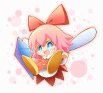  1girl :d blue_eyes blush bow crystal dress fairy fairy_wings full_body hair_between_eyes hair_bow kirby_(series) kirby_64 long_sleeves looking_at_viewer neru_(neruneruru) open_mouth pink_background pink_hair red_bow red_dress ribbon_(kirby) shoes smile solo white_background wings yellow_shoes 